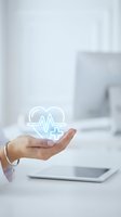 Healthcare professional holding glowing heart with heartbeat symbol and medical cross icon, representing cardiology, health insurance, wellness services, and digital medicine technology.