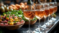 Elegant rose wine glasses lined up at catering event with fresh fruit appetizer platter, creating luxurious atmosphere for celebration or wine tasting party.