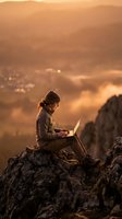 Young woman wearing beanie and casual jacket sitting on rocky mountain peak with laptop at sunset, overlooking misty valley landscape below with city lights glowing in distance.