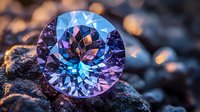 Brilliant cut round gemstone in vibrant blue and purple hues on dark stone background with warm sunlight reflections, showcasing luxury jewelry craftsmanship.