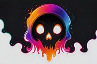 Black skull with glowing orange eyes melting into vibrant rainbow gradient colors against dark background, featuring flowing liquid effects and artistic drips.