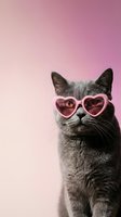 Adorable gray tabby cat wearing pink heart-shaped sunglasses on gradient pink background for Valentine's Day celebration and romantic holiday concepts.