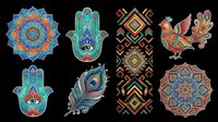 Colorful boho set with mandala, hamsa hand, peacock feather, bird, and ethnic pattern, isolated on transparent background, ready for stickers, sublimation, t-shirt design.