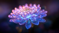 Glowing magical flower with luminescent blue and pink petals covered in sparkling dewdrops against dark background, creating ethereal nature macro photography.