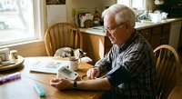 Senior Caucasian man with glasses reading newspaper at wooden kitchen table with coffee cup, enjoying peaceful morning routine in cozy home interior.