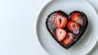 Fresh strawberry halves arranged in heart shape with dark chocolate crumbs and powdered sugar on white ceramic plate, romantic food styling for Valentine's Day.