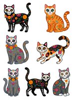 Colorful decorated cats with floral and ornamental patterns in sitting and standing poses, isolated on white background ready for design projects, textiles, and merchandise applications.