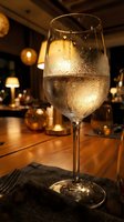 Chilled white wine glass with condensation droplets on wooden table in warm restaurant setting with ambient lighting for dining and hospitality concepts.
