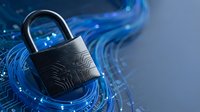 Digital security padlock with circuit board pattern surrounded by glowing blue data streams and technological elements for cybersecurity concepts.