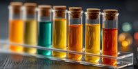 Colorful liquid samples in glass vials with cork stoppers arranged in transparent rack, showcasing vibrant yellow, green, orange, and red solutions for scientific research.
