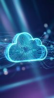 Digital cloud computing concept with glowing circuit board patterns and network connections on blue technology background for data storage solutions.