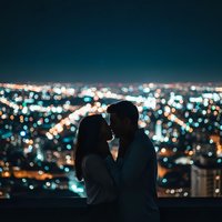 Romantic couple silhouette embracing against blurred city lights at night creating intimate atmosphere for love and relationship concepts.