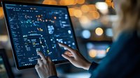 Professional working on digital interface with data visualization and analytics dashboard against blurred bokeh background at night.