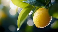 Fresh ripe orange fruit hanging on tree branch with green leaves and natural bokeh background, morning dew drops on citrus surface in sunlight.