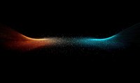 Abstract glowing wave with sparkling particles in orange and blue colors on black background, dynamic light effect creates futuristic atmosphere.