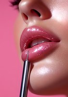 Close-up of glossy pink lips with makeup brush application on pink background, showing professional cosmetic technique and highlighting shiny lip gloss texture.