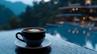 Hot cappuccino with latte art foam served in black ceramic cup at luxury infinity pool resort during blue hour, peaceful morning atmosphere.