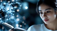 Young Asian woman looking at glowing network visualization on smartphone screen in dark room with blue digital connections and bokeh lights.
