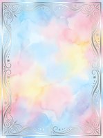 Pastel watercolor background with ornate decorative border frame in soft rainbow colors for wedding invitations, greeting cards and stationery designs.