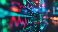 Digital stock market data visualization with colorful neon price charts and financial indicators on dark background, showing dynamic market trends and analysis.