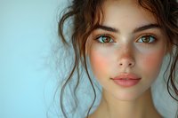 Young woman with natural makeup and wavy brown hair against soft blue background. Fresh faced beauty portrait with glowing skin and green eyes.