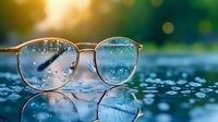 Stylish eyeglasses with water droplets on lenses reflecting natural outdoor scenery with golden sunlight and green bokeh background on wet surface.