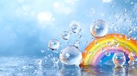 Crystal clear water drops and rainbow reflections create magical atmosphere against soft blue background with bokeh effect and water splashes.