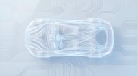 Futuristic transparent car with glowing blue elements on digital circuit board background. Modern automotive technology concept for electric vehicle innovation.