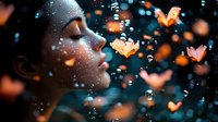 Young Asian woman with closed eyes and water drops on face in profile against dark background with glowing orange butterfly bokeh effects and bubbles.