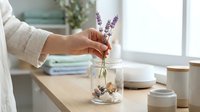 Close-up of woman's hand arranging fresh lavender sprigs in glass vase on wooden desk near window, home decor styling and floral arrangement.