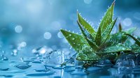 Fresh green aloe vera plant with water drops and melting ice cubes on wet blue surface with bokeh lights background, natural skincare concept.