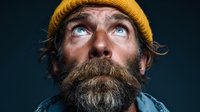 Bearded middle-aged Caucasian man in yellow knit hat looking up with surprised expression against dark background for advertising and lifestyle concepts.
