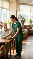 Female nurse in green scrubs serving healthy meal to smiling elderly man in bright nursing home dining room with natural lighting and plants.