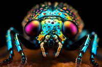Extreme close-up macro photograph of an iridescent blue and rainbow colored weevil beetle face showing compound eyes and detailed antenna against dark background.