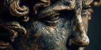 Ancient weathered stone sculpture face with intricate carved details showing classical artistic craftsmanship and historical patina texture.