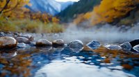 Tranquil hot spring with smooth stones and rising steam surrounded by golden autumn foliage, reflecting mountain landscape in crystal clear water at dawn.