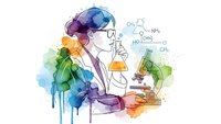 Female scientist in lab coat conducting research with microscope and chemical formulas on colorful watercolor background isolated for design use.