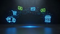 Digital commerce ecosystem with glowing neon icons showing online shopping, payment processing, delivery and retail store connections on dark background.