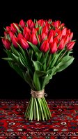 Fresh red tulip bouquet tied with twine standing on oriental carpet against black background, dramatic lighting highlights vibrant petals and green stems.