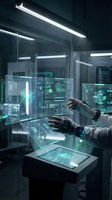 Scientist with robotic prosthetic hands operating futuristic holographic interface in modern laboratory with glowing digital displays and advanced technology.