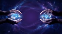 Two hands protecting glowing brain and spiral energy symbols with flowing light streams on cosmic purple background for mental health concepts.