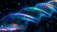 Glowing wave of colorful particles flowing through dark space, creating dynamic motion effect with blue, green and purple sparkles against black background.
