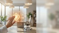 Modern office workspace with hand holding glowing light bulb, representing innovation, creativity and smart business solutions for corporate environments and startup concepts.