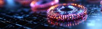 Futuristic digital coin with glowing neon lights on computer keyboard representing cryptocurrency blockchain technology and electronic finance innovation.