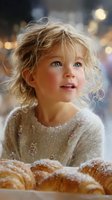 Young girl with curly blonde hair and blue eyes wearing cozy floral sweater gazes upward with wonder while fresh croissants lay on table, bokeh lights in background.