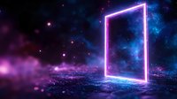 Glowing neon portal frame in cosmic space with purple clouds and blue particles, mystical doorway on reflective surface against starry night background.