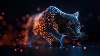 Mystical glowing leopard silhouette with particles dispersing into darkness against black background, orange and blue bokeh lights create magical atmosphere.