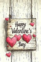 Rustic wooden sign with Happy Valentine's Day text and pink hearts hanging on rope against weathered background. Hand drawn style illustration for seasonal greeting cards.