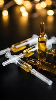 Medical ampoules with golden serum and syringes on dark surface with warm bokeh lights for healthcare and pharmaceutical concepts.