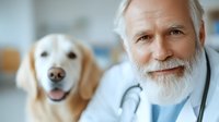 Senior male veterinarian with white beard and stethoscope smiling alongside friendly golden retriever dog in veterinary clinic, representing pet healthcare and animal medicine.